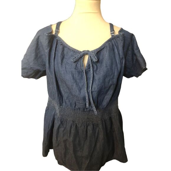 Lane Bryant Blouse Denim Top Smocked Waist Off Cold Shoulder jean shirt top - Picture 4 of 14
